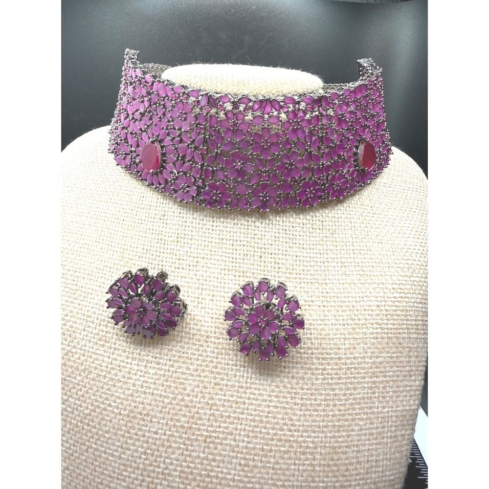 Pink Floral Crystal Choker Necklace and Stud Earring Set Gunmetal Tone Statement